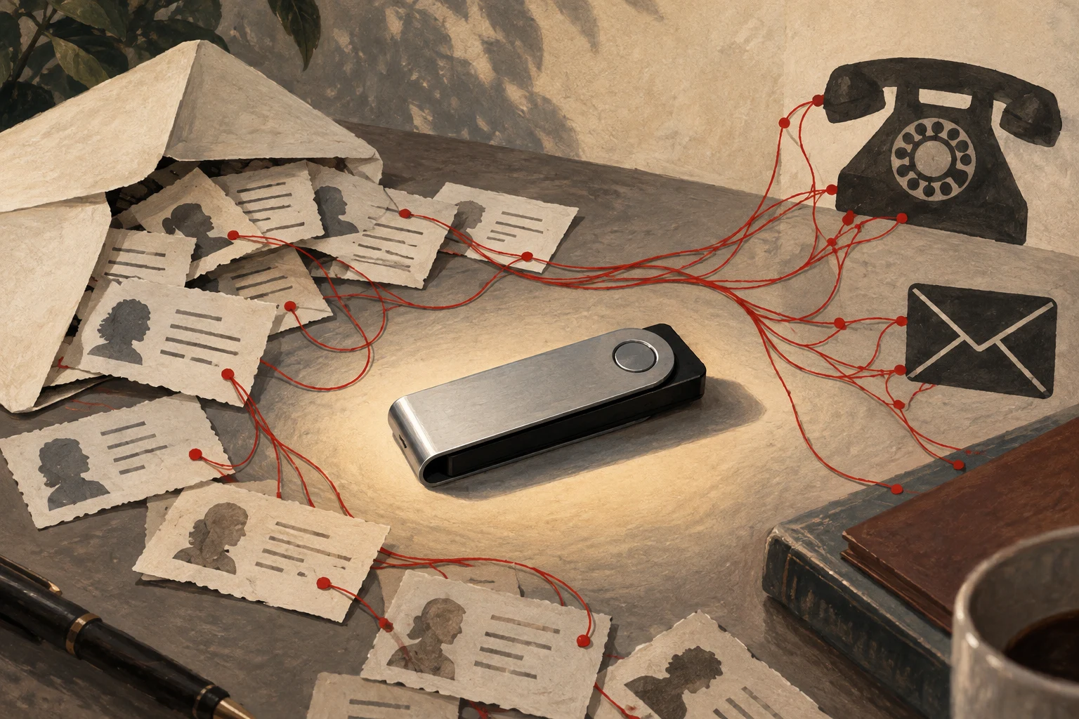Concept illustration connecting a hardware signing device with identity data outside it