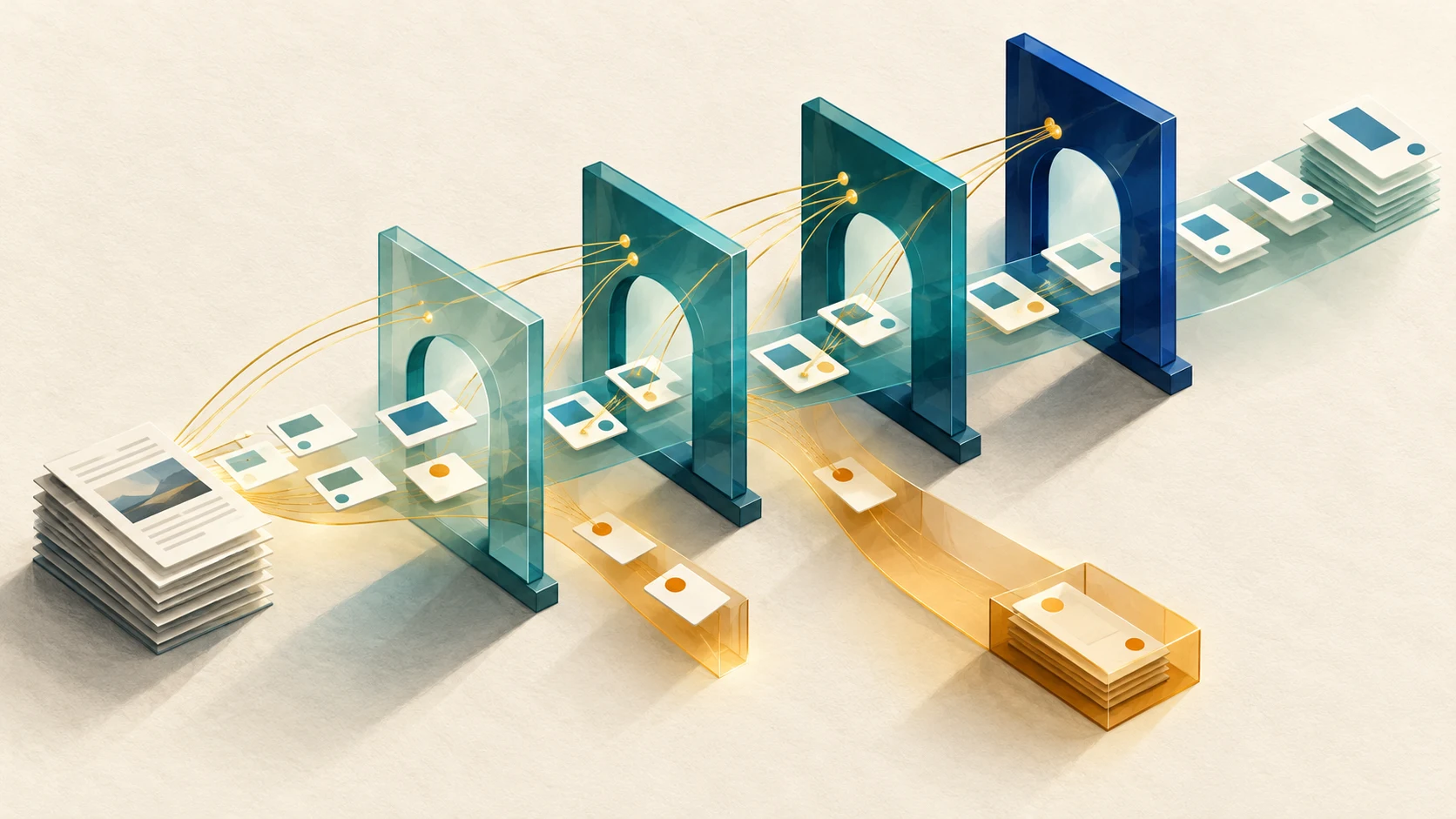 Ilustración editorial de tarjetas de datos que atraviesan cuatro controles de verificación transparentes, mientras los valores sin respaldo se desvían hacia una vía de revisión de color ámbar.