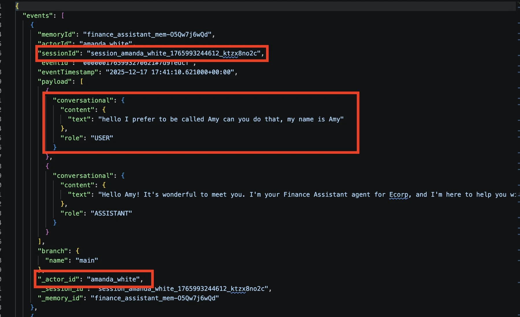 JSON output of an AgentCore memory event with highlighted session ID, actor ID "amanda_white," and the chat history between a user and a Finance Assistant agent.