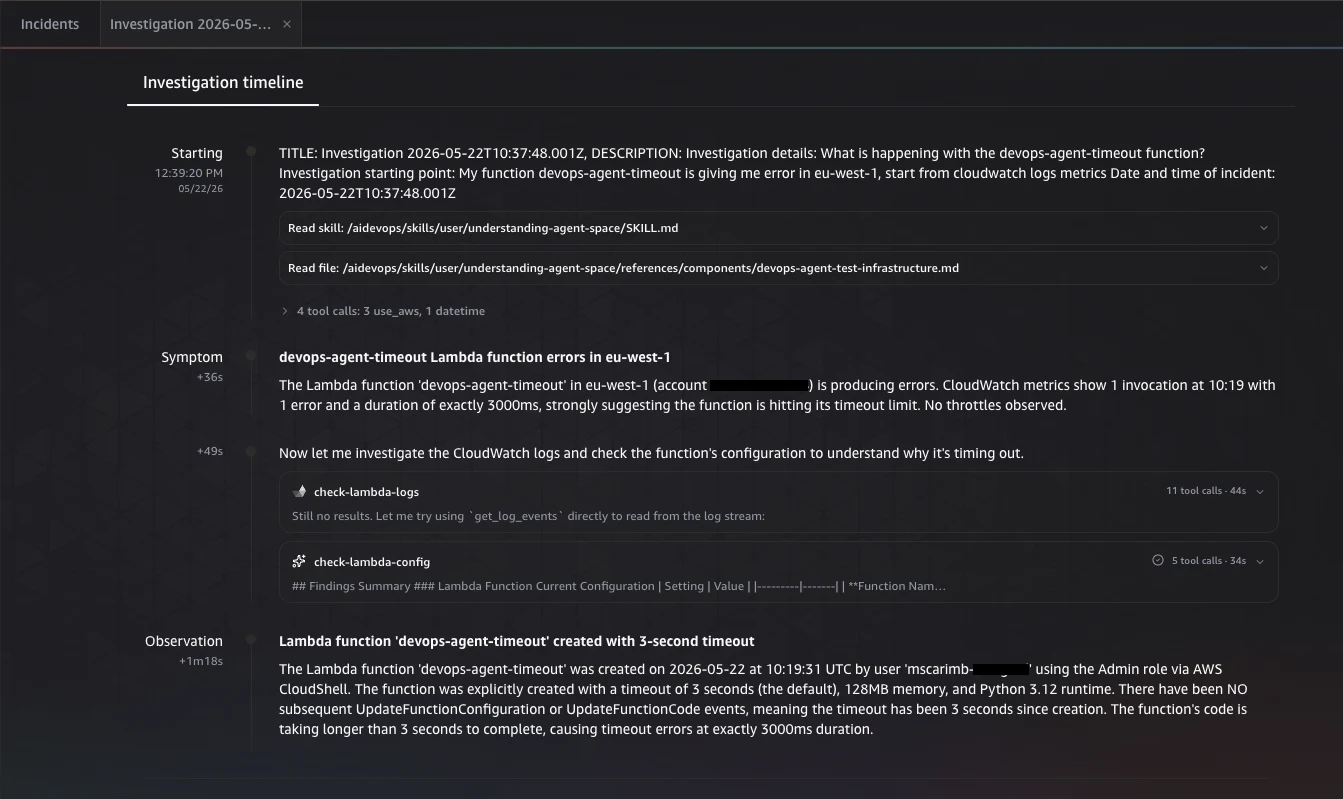 AWS DevOps Agent investigation in progress, correlating Amazon CloudWatch metrics, logs, and the function configuration