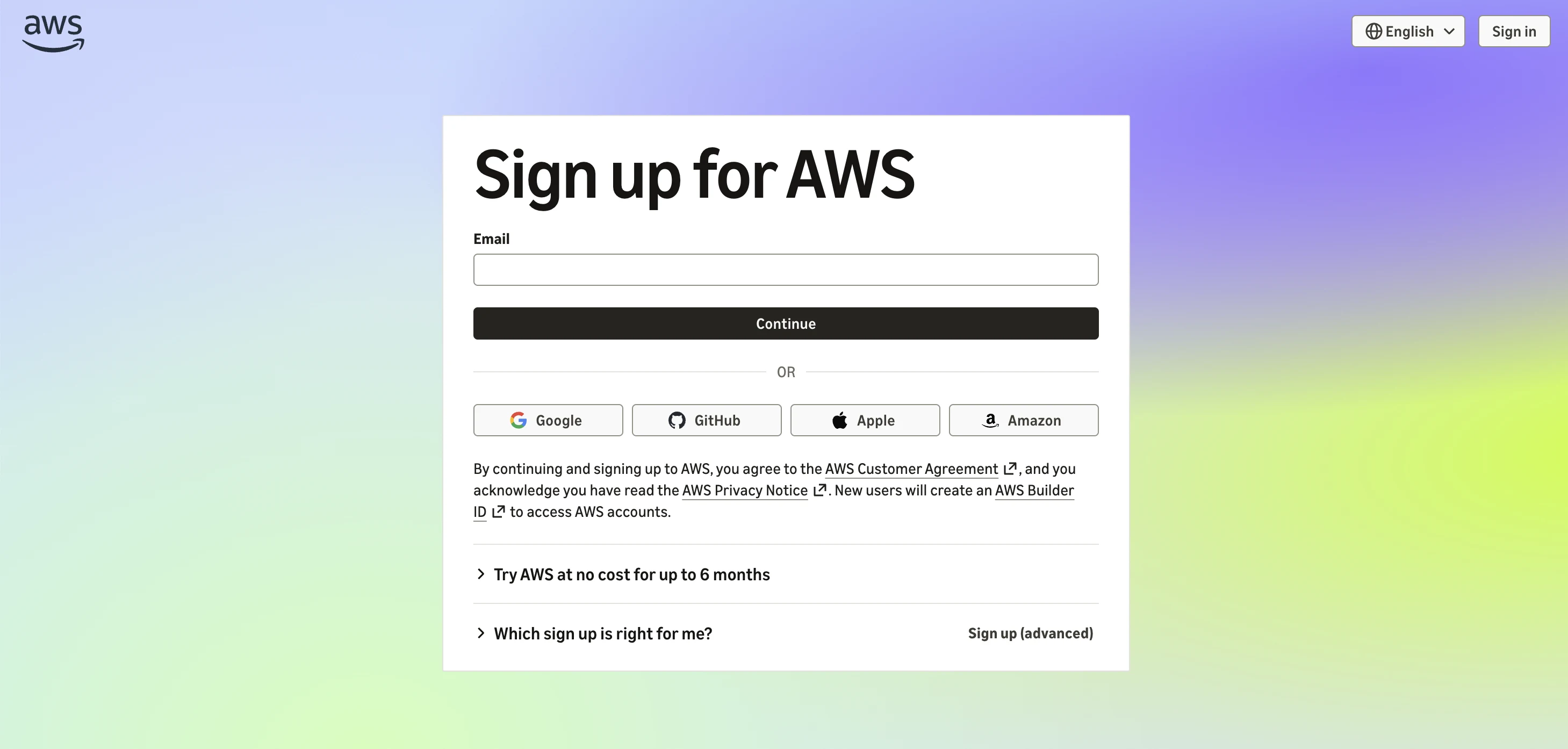 The Sign up for AWS page with an email field and sign-in options for Google, GitHub, Apple, and Amazon