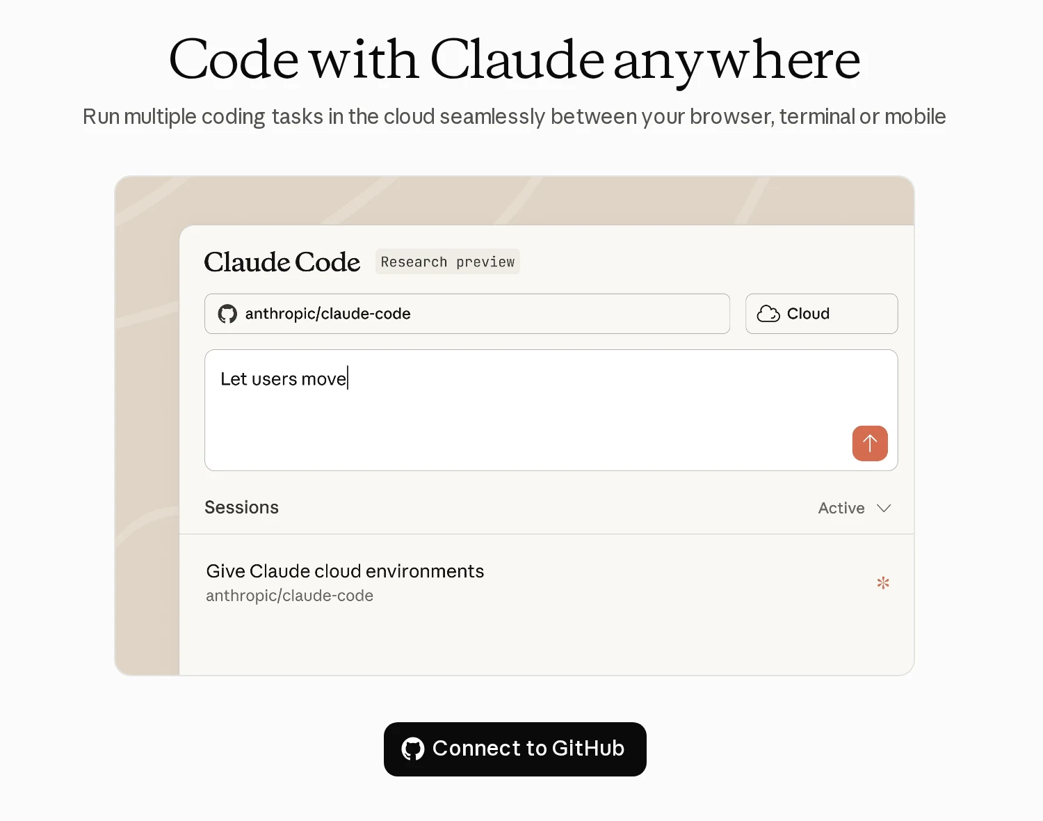 The Code with Claude anywhere screen with a Connect to GitHub button.