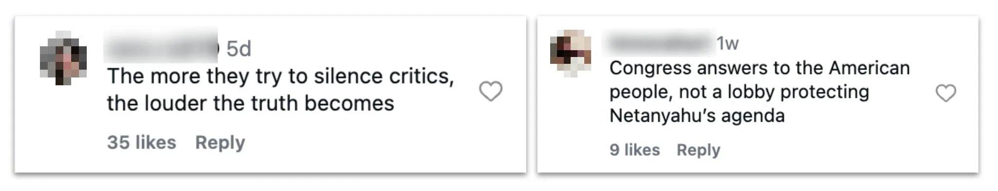 Two redacted Instagram comments generated by the operation in reply to posts about US politics.