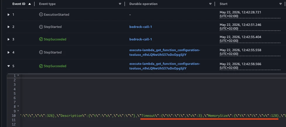 Durable execution step result showing the devops-agent-timeout function configuration with a 3-second timeout