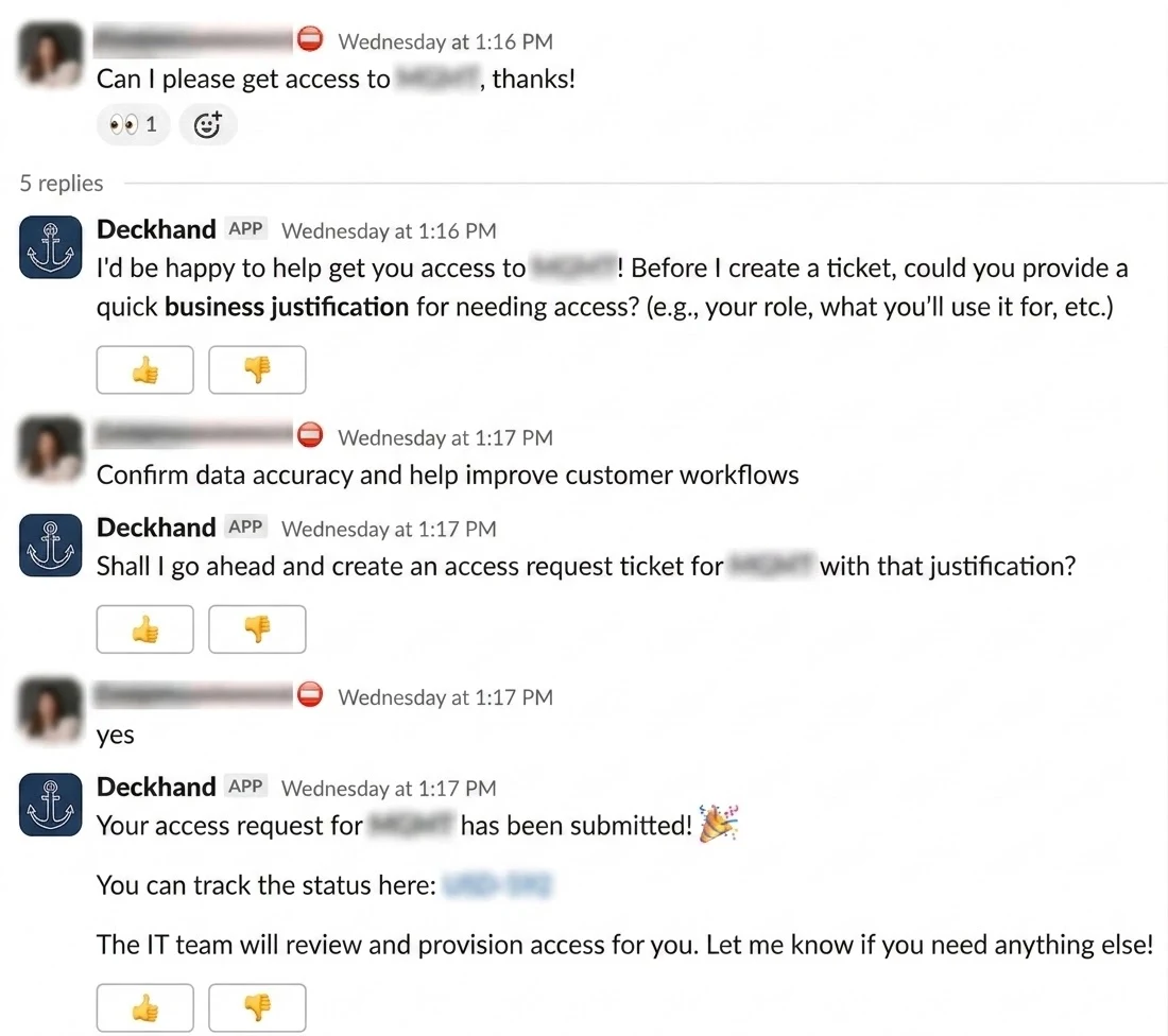 Slack screenshot of Deckhand offering a Create Ticket button
