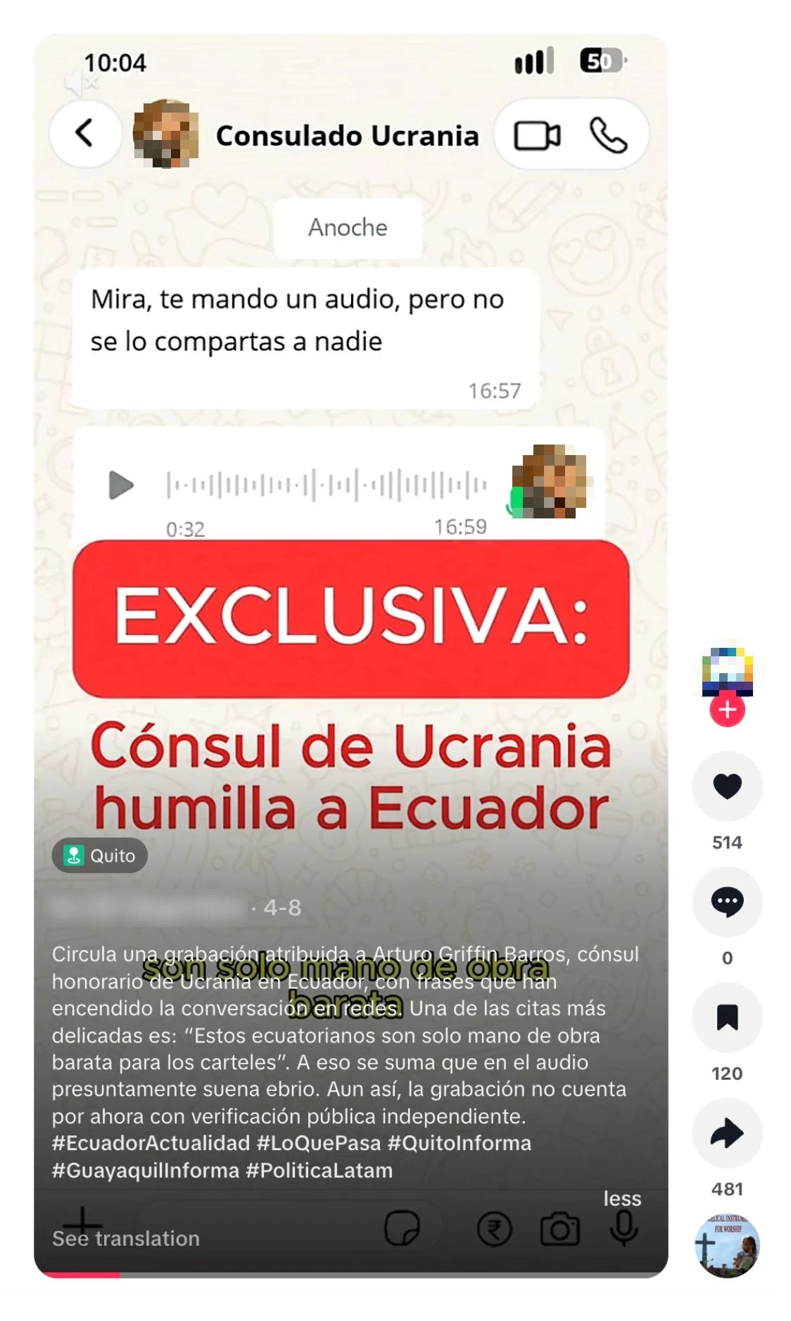 Redacted TikTok screenshot of an April 8, 2026 post spreading fabricated audio attributed to Ukraine’s consul in Ecuador.