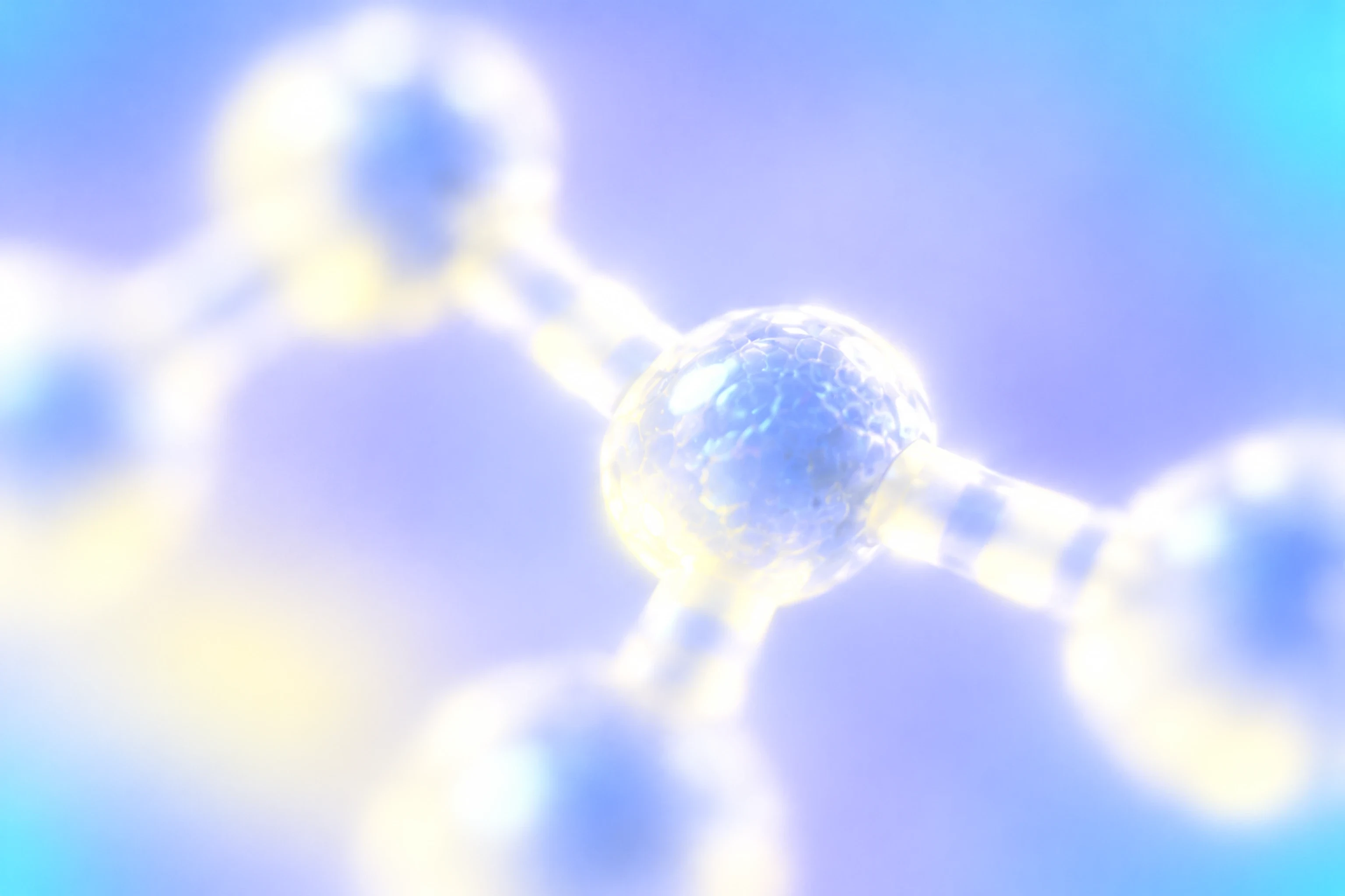 Abstract molecular structure with connected spheres against a blue and purple background.