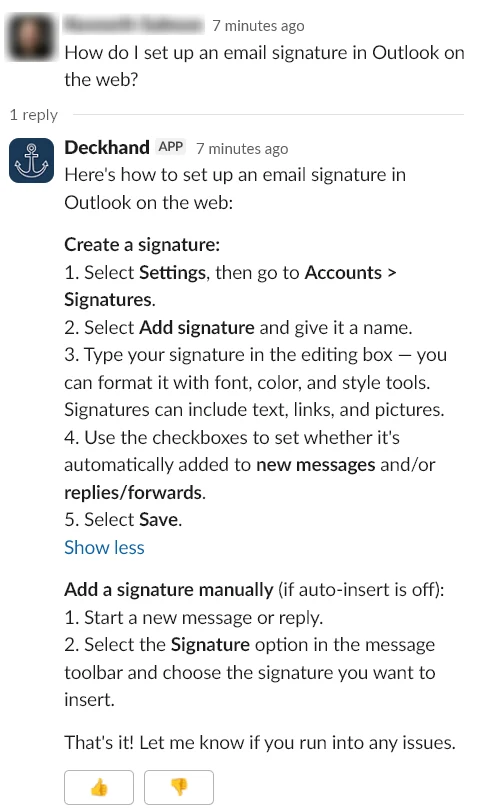Slack screenshot of Deckhand replying with numbered self-service steps