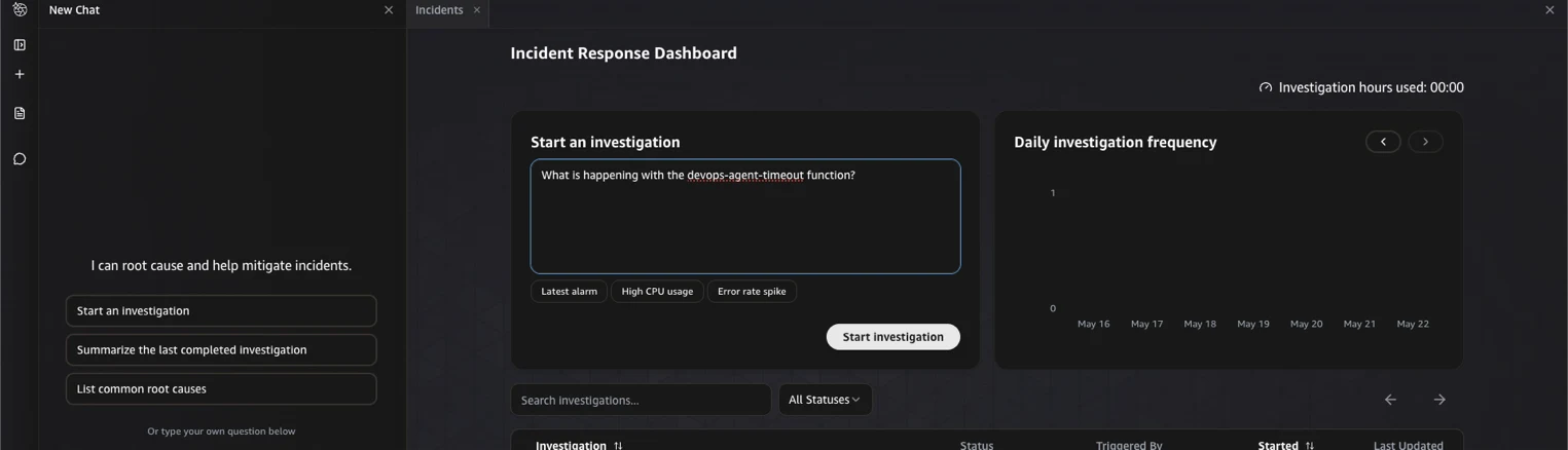 AWS DevOps Agent console with a prompt asking what is happening with the devops-agent-timeout function