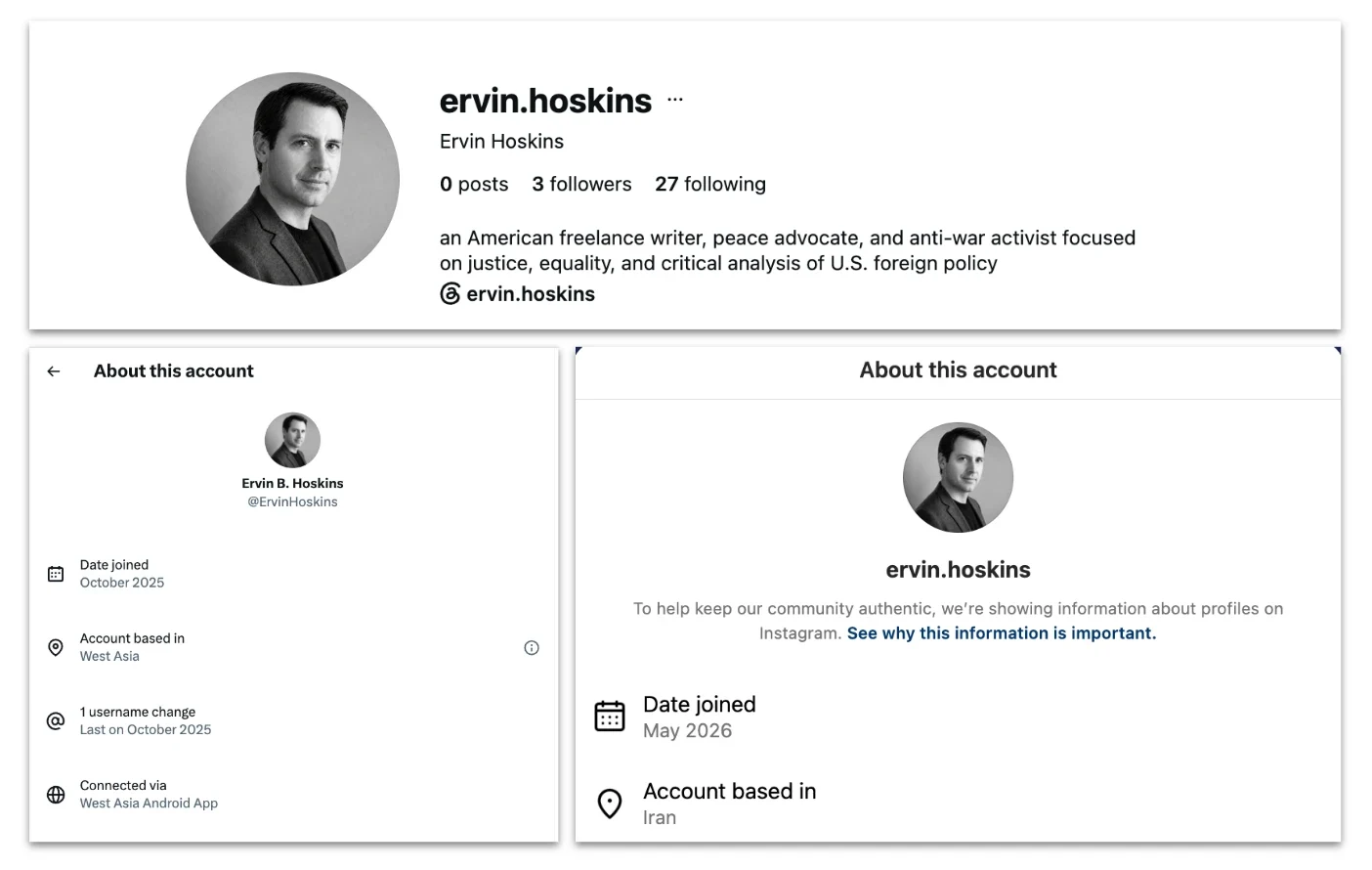 Ervin Hoskins persona’s Instagram biography and account transparency panels. X lists the West Asia Android App, while Instagram lists Iran as the account location.