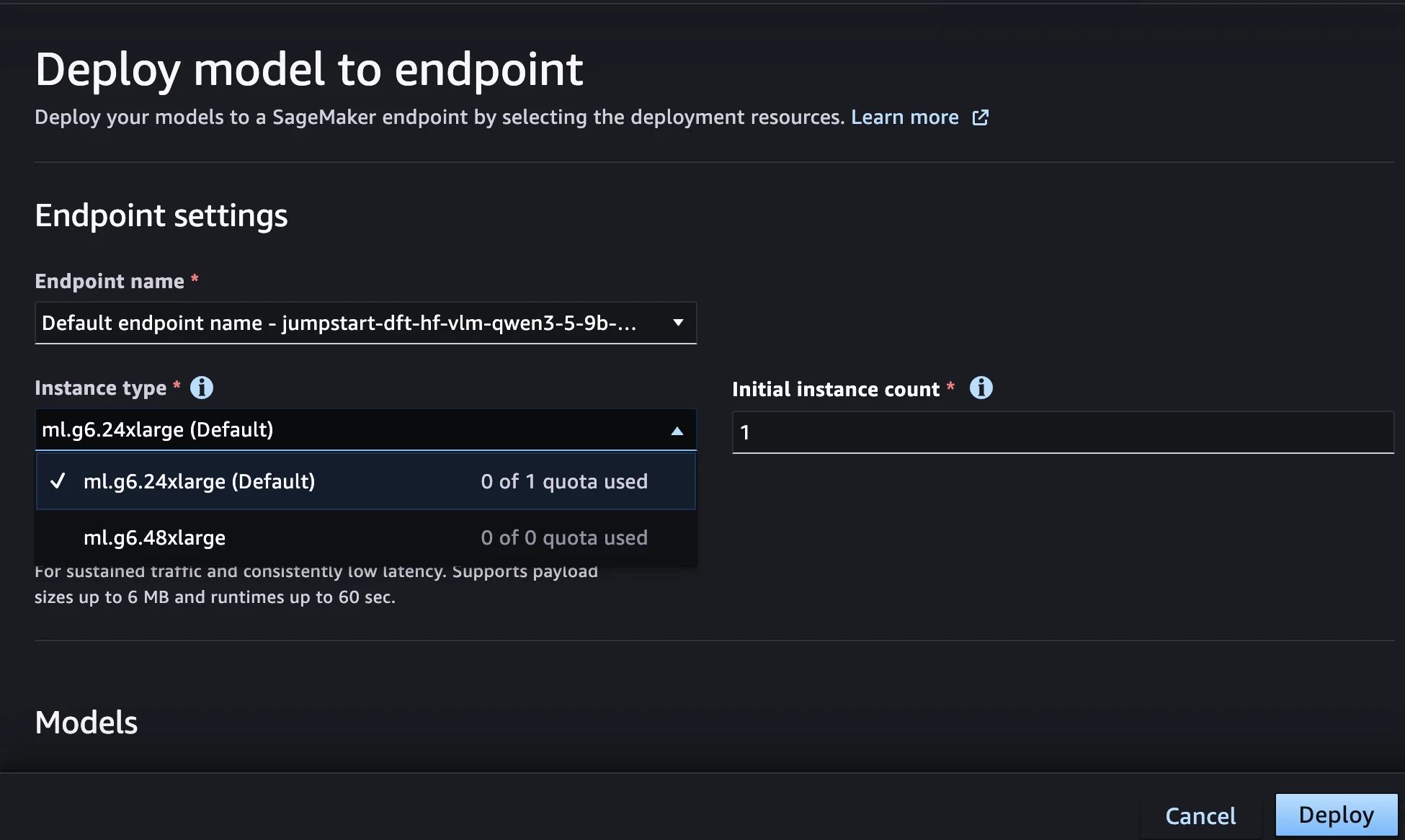 The Deploy model to endpoint page in SageMaker Studio showing endpoint name, instance type, and instance count settings