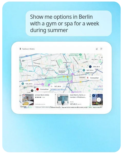 Hotel search in ChatGPT for a week in Berlin with a gym or spa during summer, showing hotel locations and prices on a map.