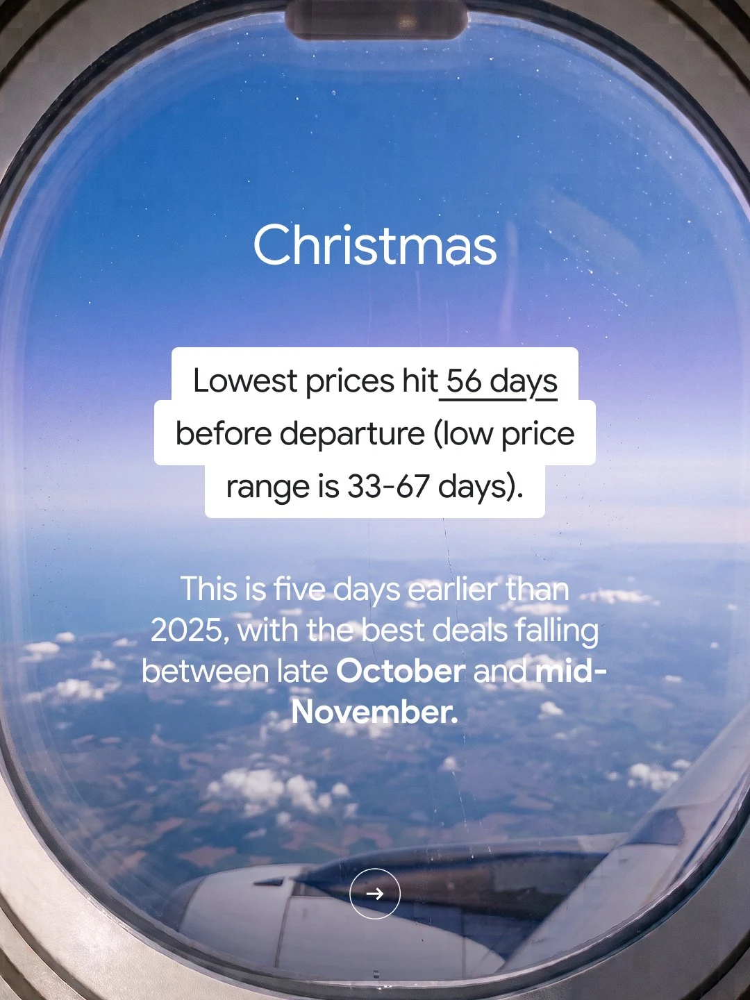An airplane window view looking out at a blue sky, clouds, landscape, and airplane wing. Overlaid text about Christmas travel tips states that the lowest flight prices hit 56 days before departure (with a low price range of 33–67 days). It notes that this is five days earlier than 2025, with the best deals falling between late October and mid-November.