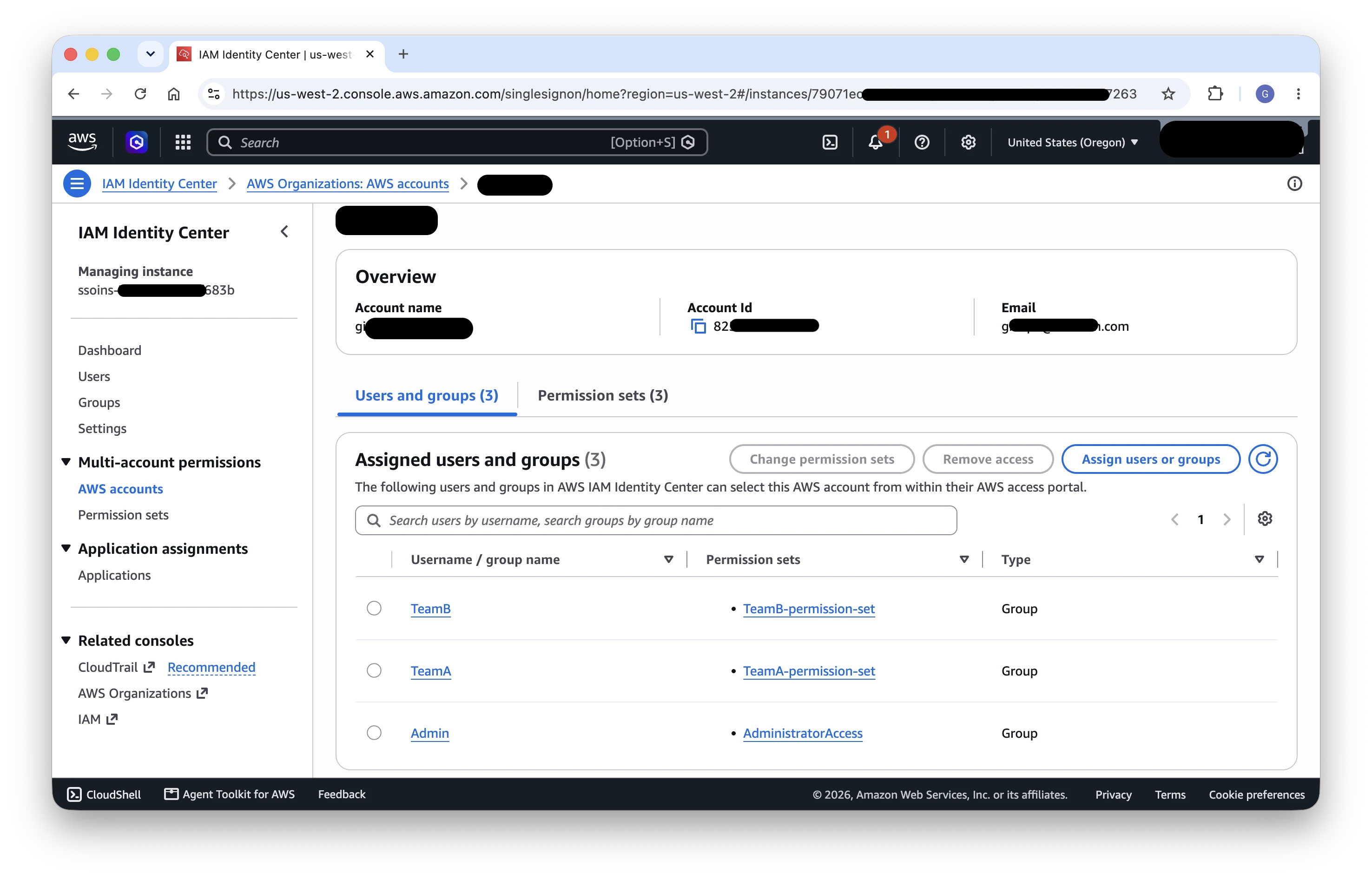 AWS IAM Identity Center console showing per-team permission sets for CLI access