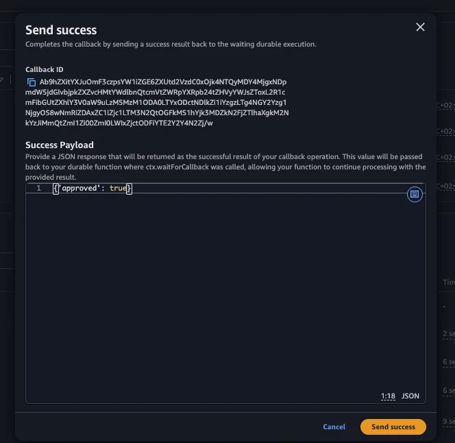 Send success dialog with the input field containing the approved true payload
