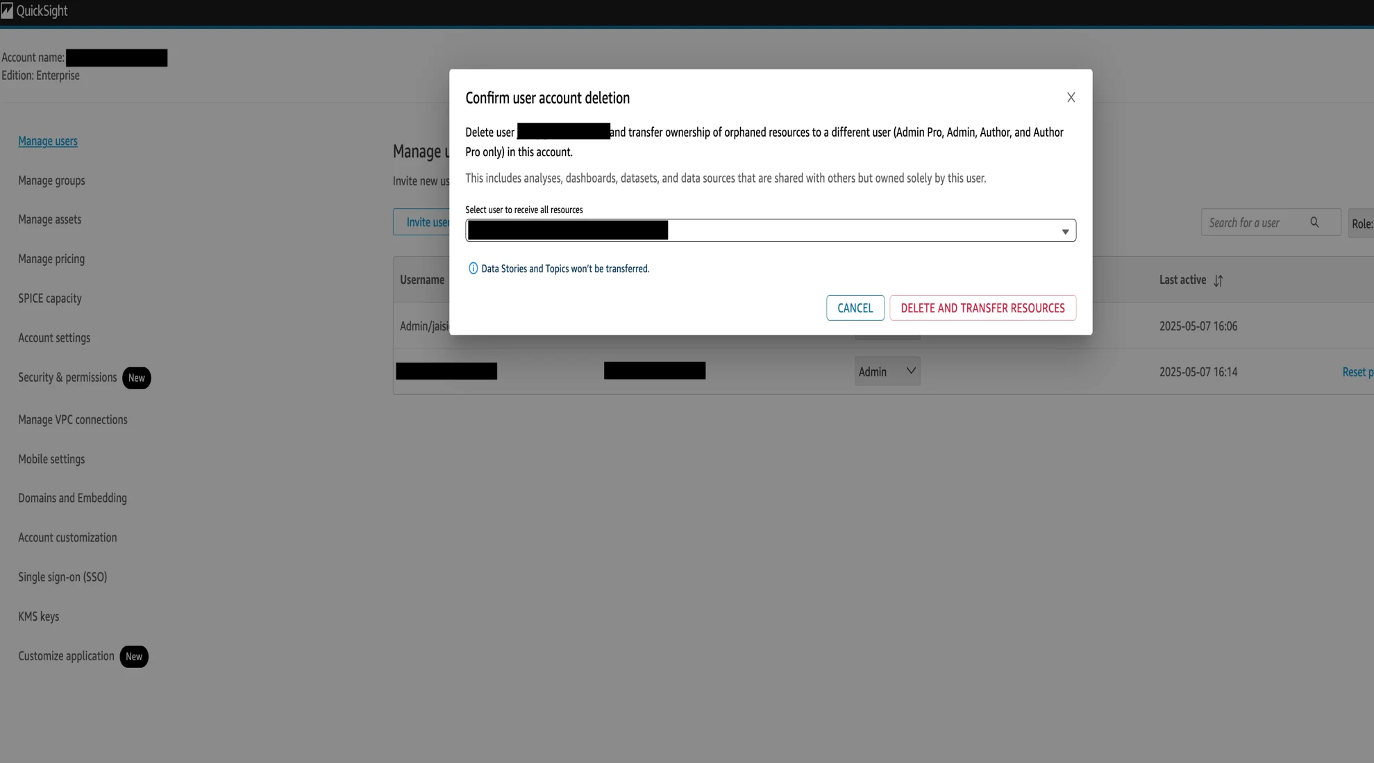 Ownership transfer dialog prompting selection of an admin to receive the deleted user’s resources