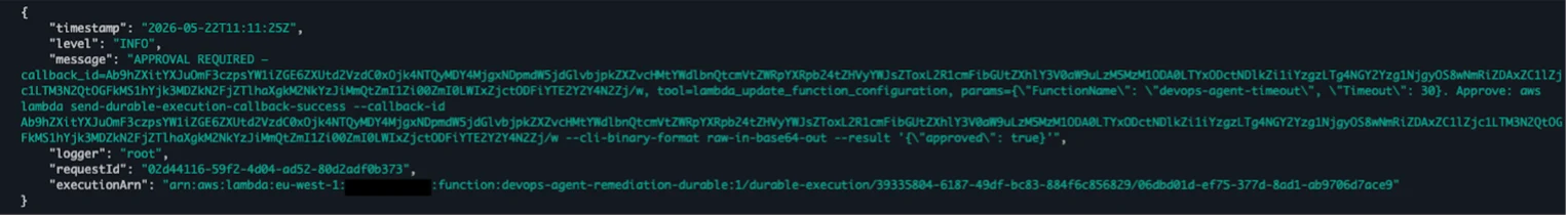 cloudwatch logs output of lambda durable function for approval request