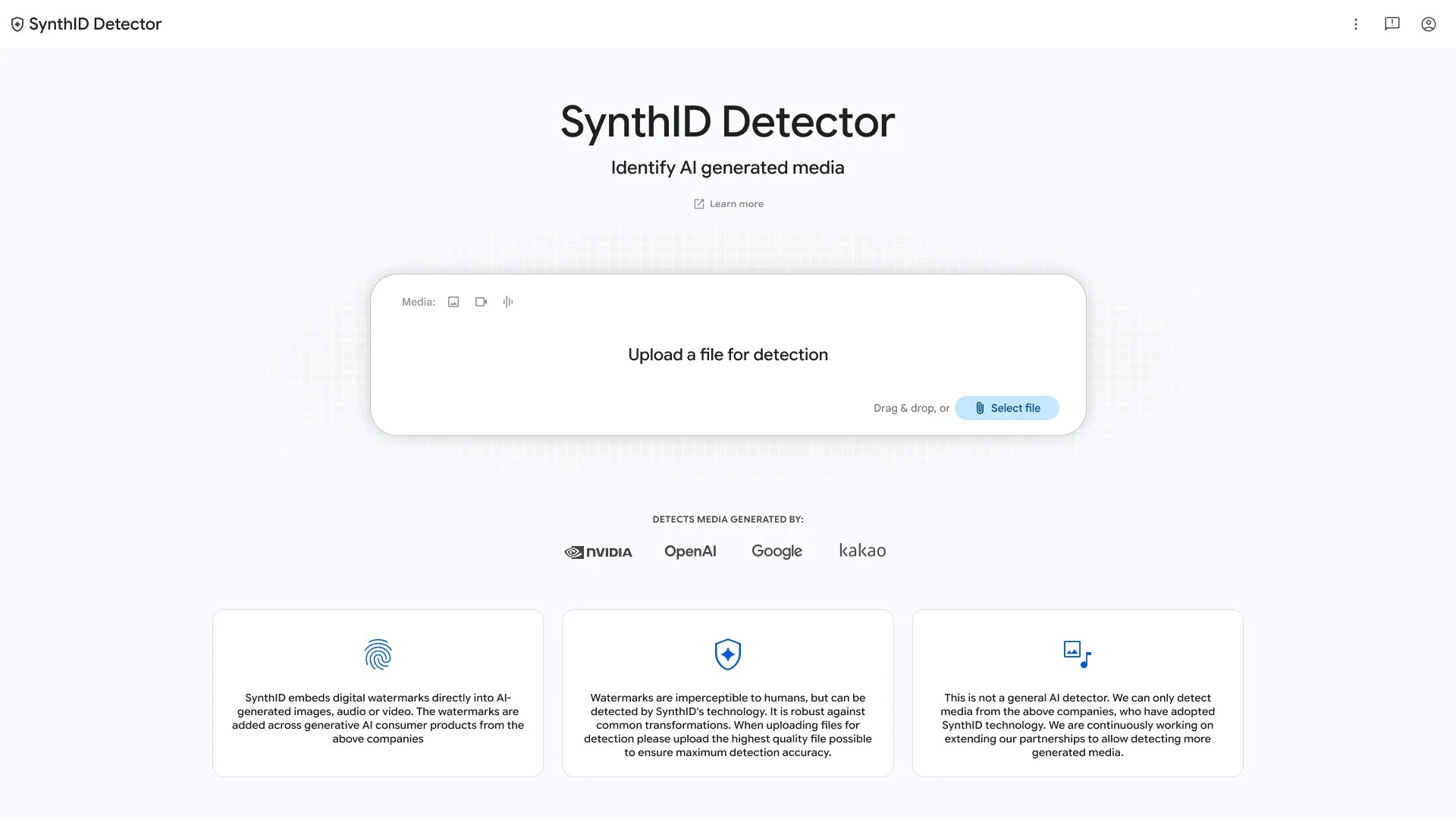 A screenshot of the SynthID Detector landing page, titled "SynthID Detector: Identify AI generated media." In the center is a file upload box with a "Select file" button and drag-and-drop support. Below it, partner company logos are displayed under "DETECTS MEDIA GENERATED BY:" — NVIDIA, OpenAI, Google, and kakao. Three information cards at the bottom explain how SynthID digital watermarking works and outline its detection capabilities.