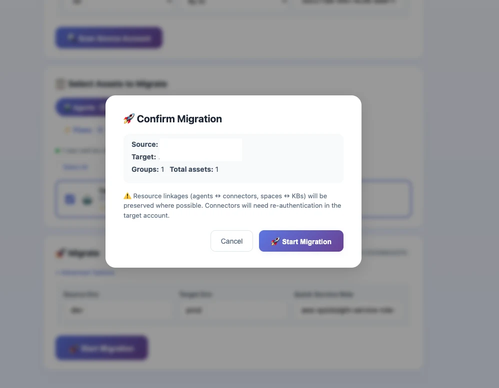 Confirmation view shown after choosing Confirm and migrate