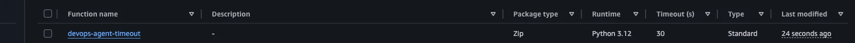Lambda console showing the devops-agent-timeout function updated to a 30-second timeout