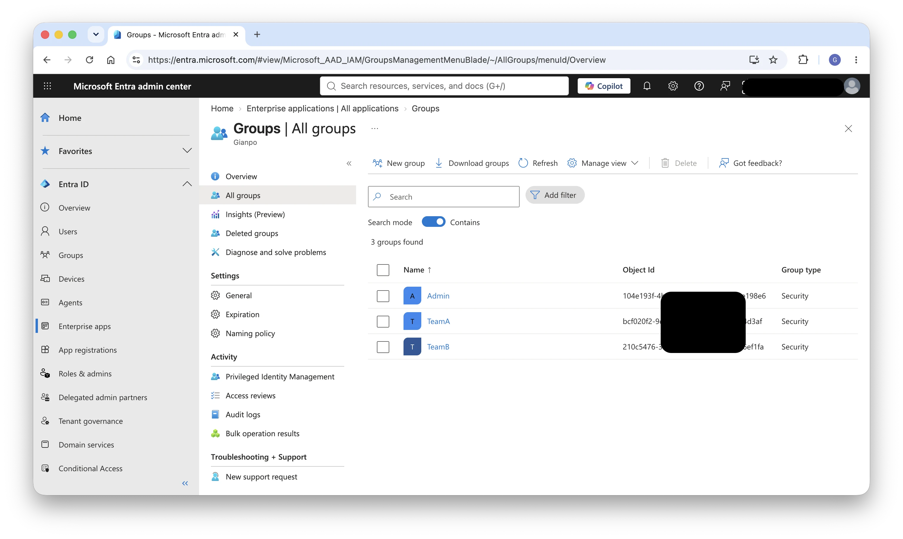 Microsoft Entra ID console showing dedicated groups for TeamA, TeamB, and Admin