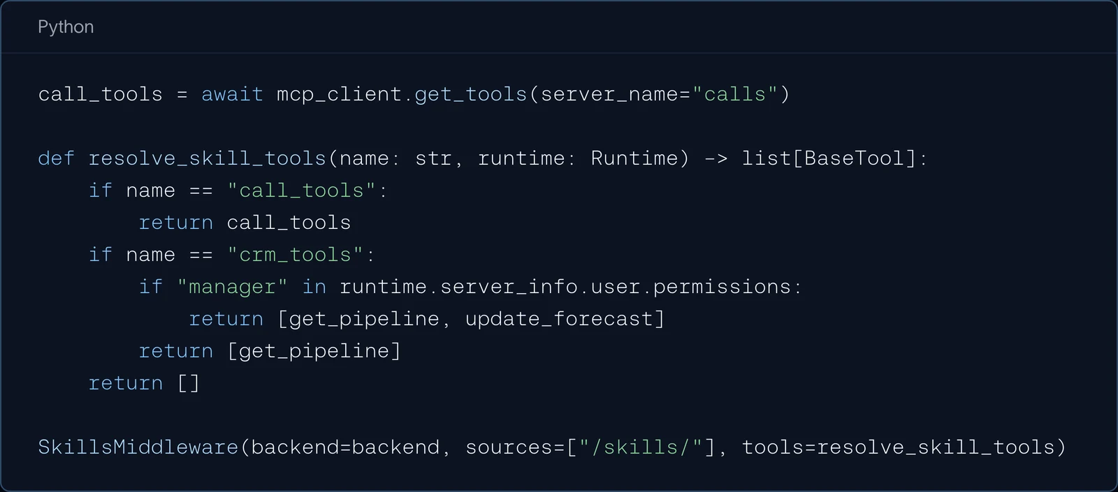 Python: resolve_skill_tools returns every calls MCP tool for call_tools, and update_forecast only for managers