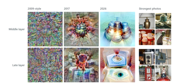Vergleich zweier Neuronen mit drei Visualisierungsmethoden und zugehörigen Fotobeispielen.