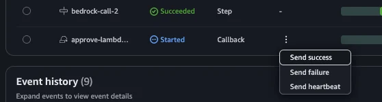 Lambda console durable execution with the pending callback selected and the Send success option highlighted