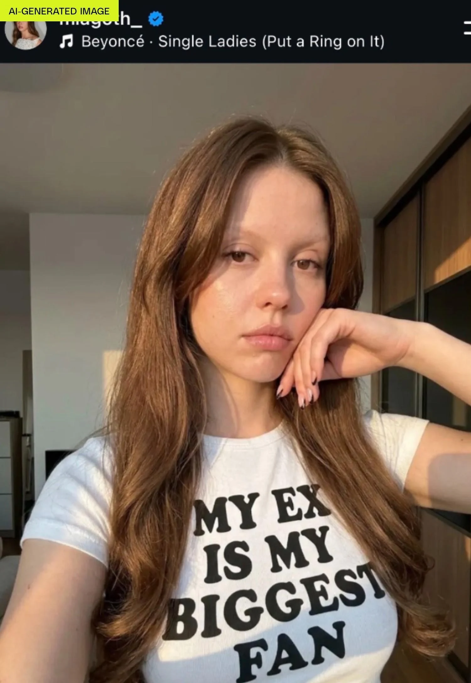 An AI-generated image of Mia Goth wearing a shirt that reads, “My ex is my biggest fan.”