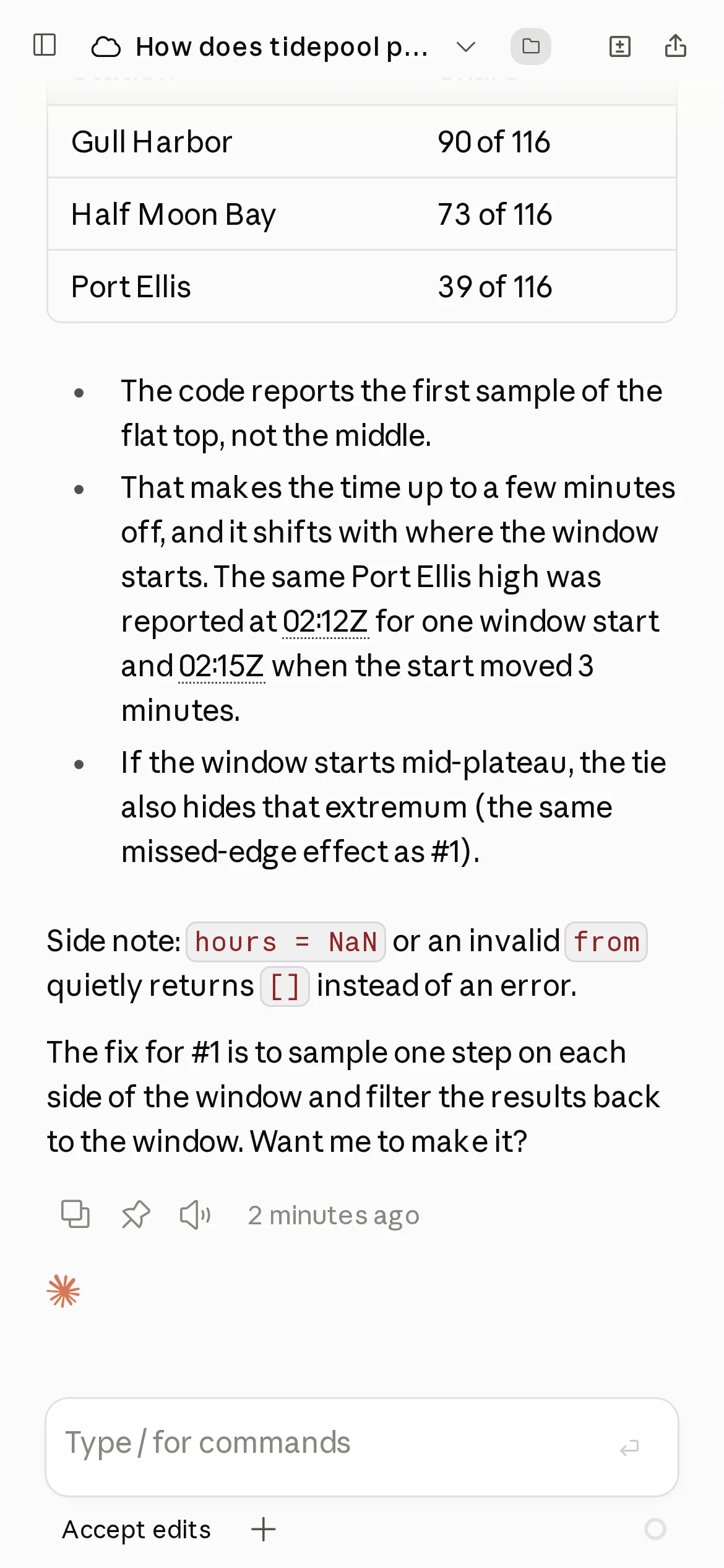 The end of the answer: a table of how often reported highs and lows had an equal-height neighbour per station, and the proposed fix.