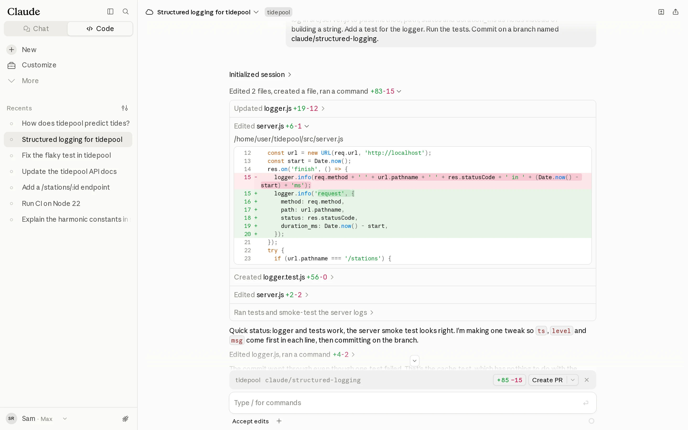 claude.ai/code showing the Structured logging session: an expanded diff of src/server.js replacing a string-built request log with logger.info('request', { method, path, status, duration_ms }), and a branch bar for claude/structured-logging with a Create PR button.