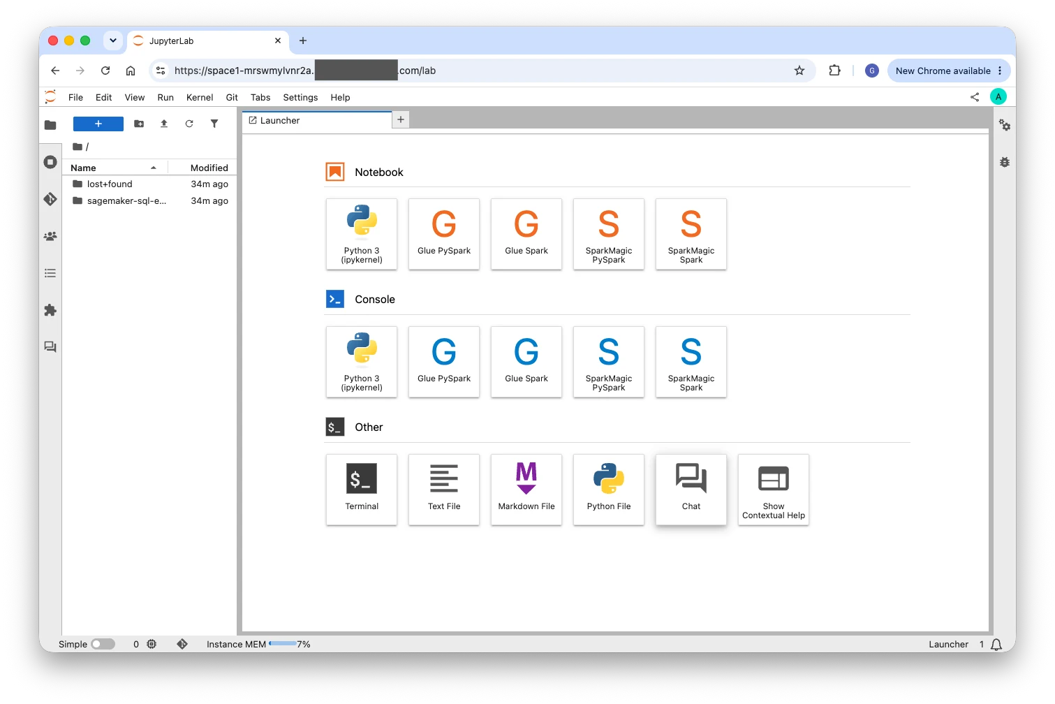 JupyterLab Space open in a web browser, showing the Launcher with available notebook kernels, consoles, and terminal access