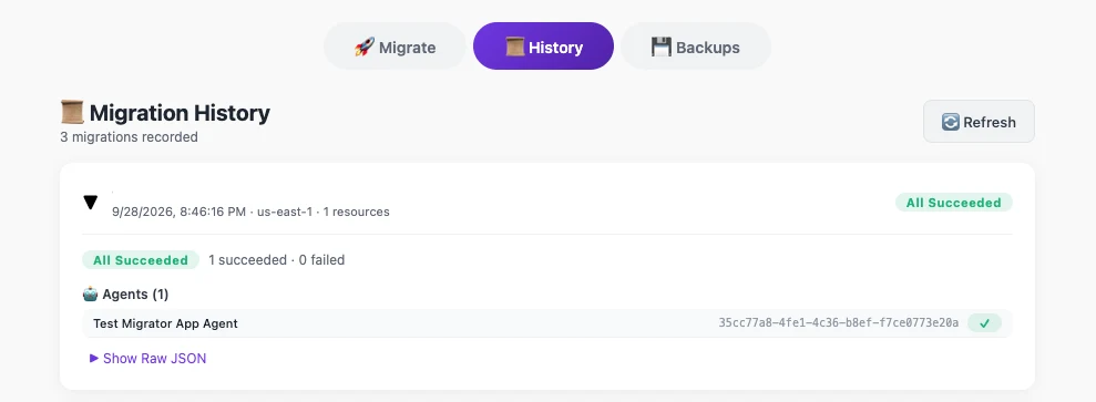 History tab showing a record of past migrations