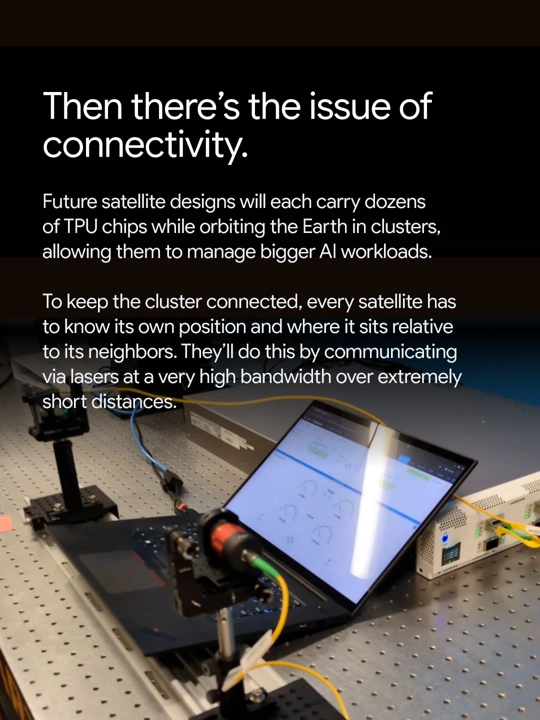 An image with text explaining connectivity in future satellite clusters above a photo of lab equipment, including a laptop and optical laser devices.