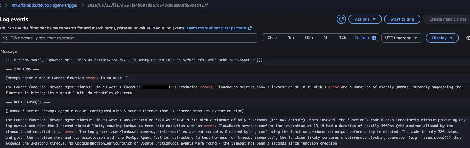 CloudWatch log group showing the parsed investigation summary with symptoms, root causes, contributing causes, and investigation gaps