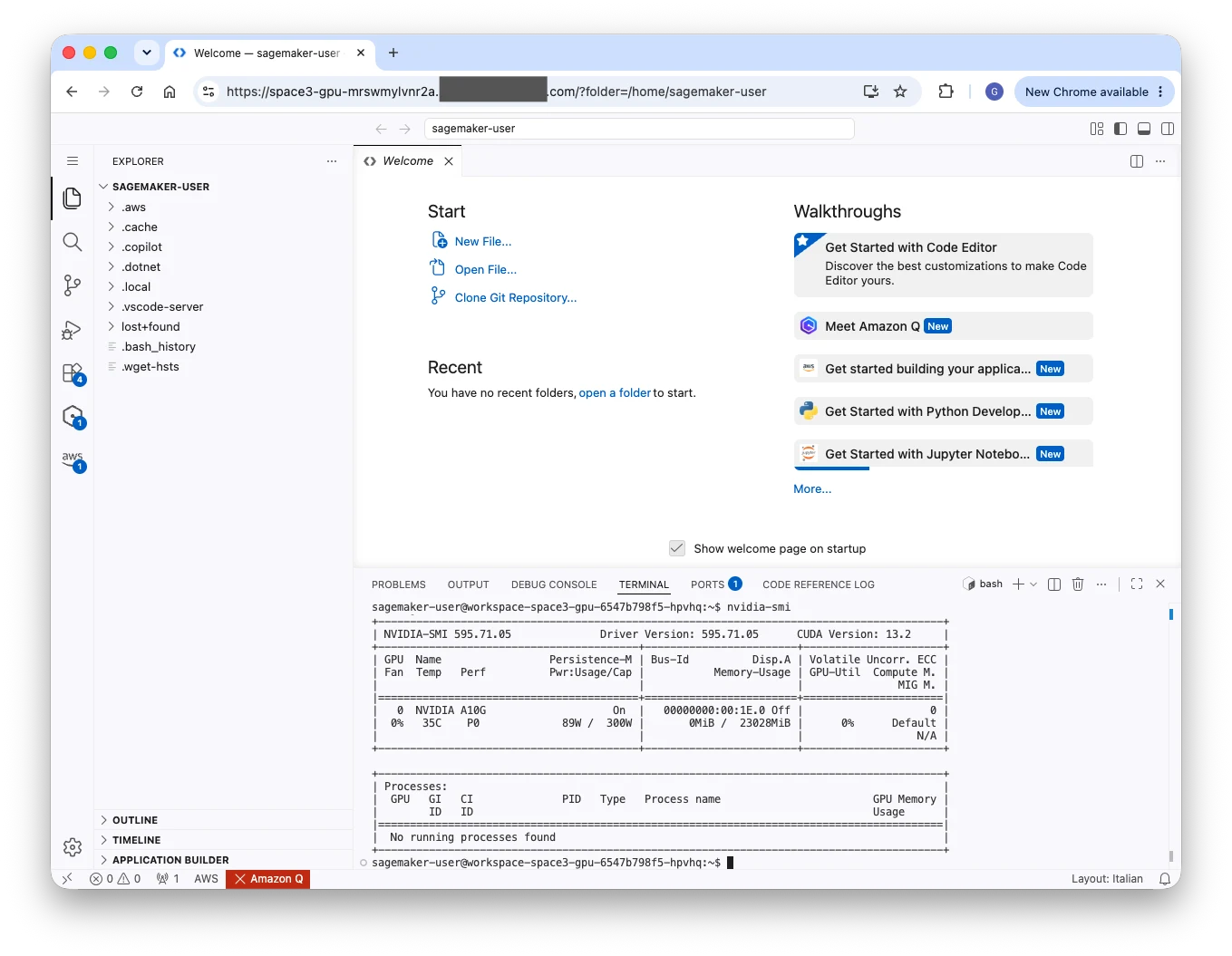 Code Editor Space running on HyperPod, showing the VS Code-style web interface with file explorer, editor, and integrated terminal