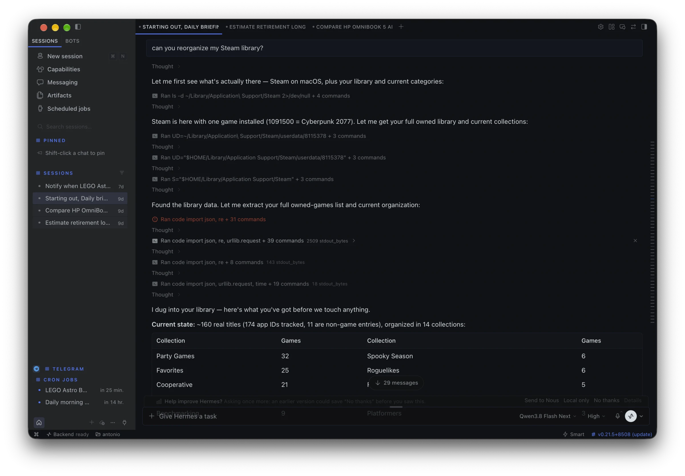 Starting the process of having Hermes organize my Steam library.