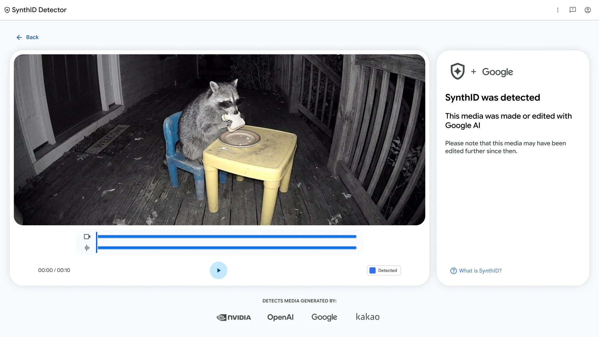 A screenshot of the SynthID Detector tool displaying scan results for a 10-second uploaded video. On the left, a video player shows night vision footage of a raccoon sitting on a blue child's chair eating a sandwich at a small table on a wooden deck. On the right, a status card marked with a Google logo states "SynthID was detected" and confirms the media was made or edited using Google AI.