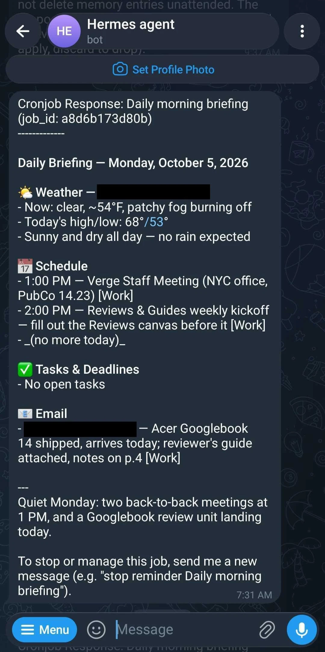 My Hermes daily briefing, sent to me daily via Telegram. Basic, I know.