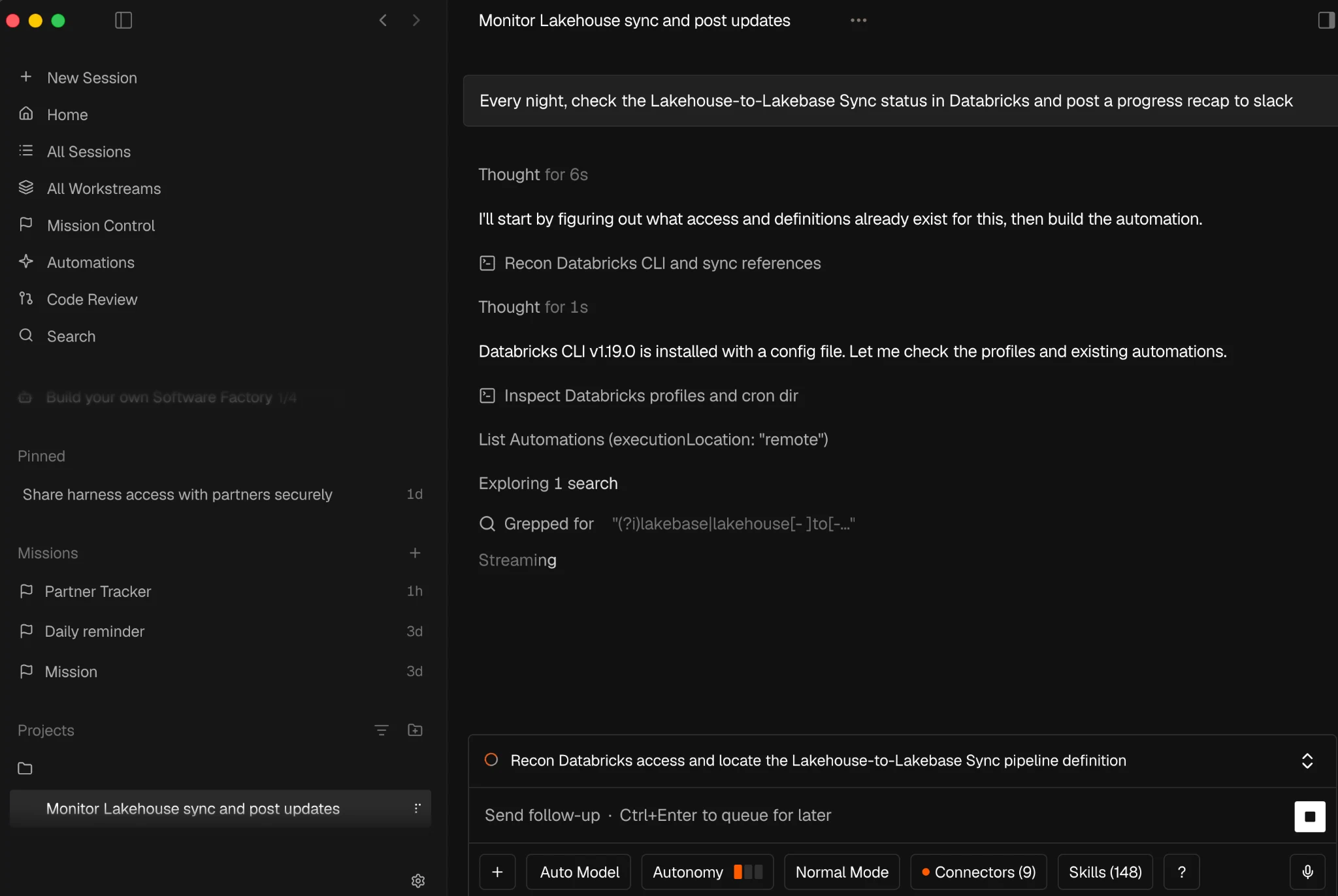Droid building a nightly Lakehouse-to-Lakebase sync recap automation