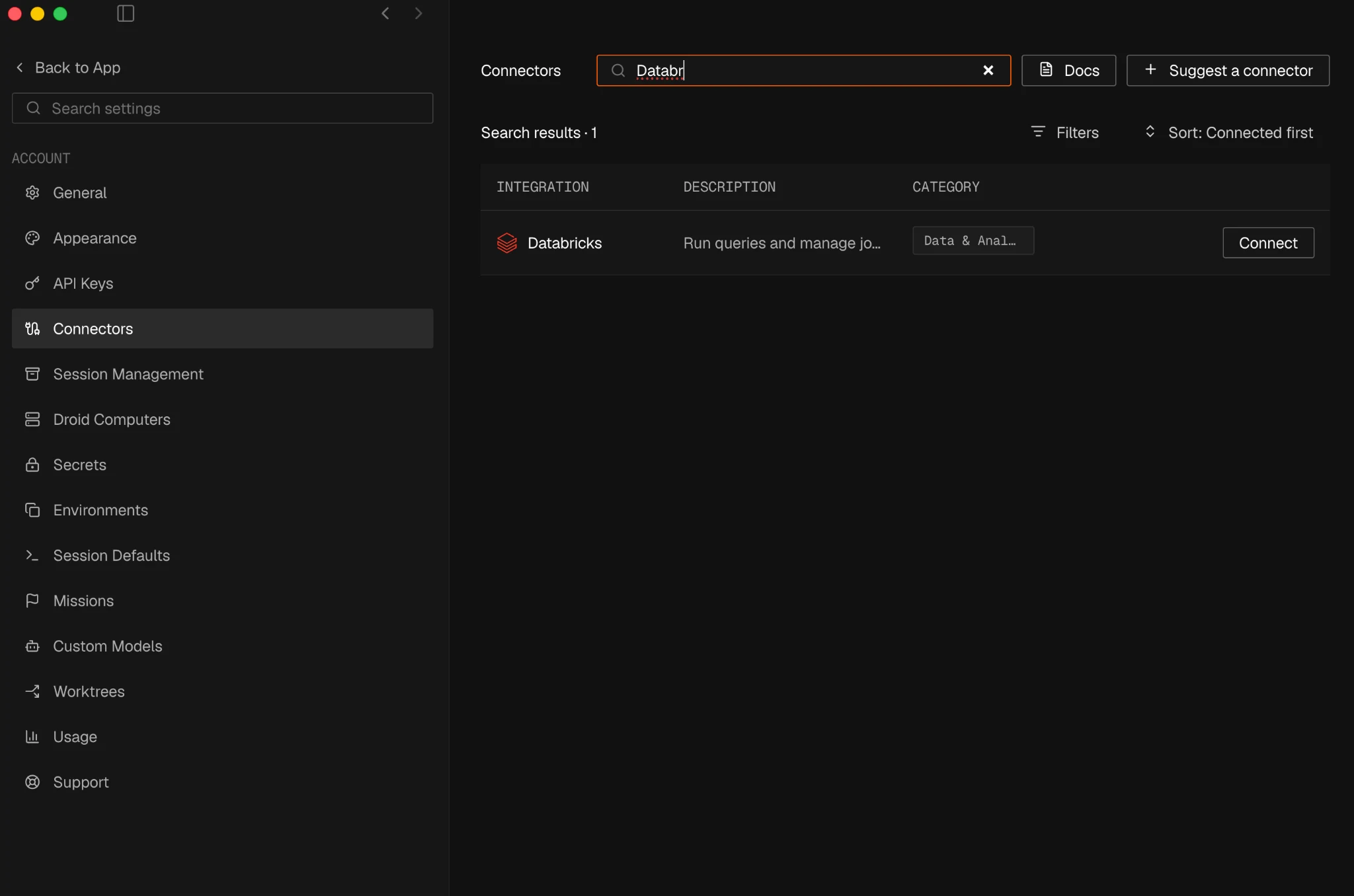 Databricks connector in Factory Settings