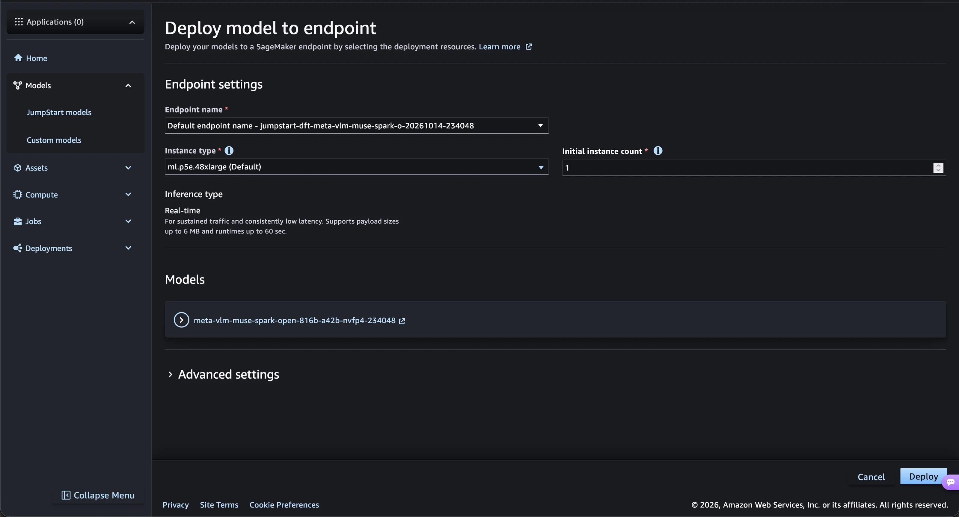 Deployment settings for the Muse Spark Open NVFP4 variant in SageMaker JumpStart