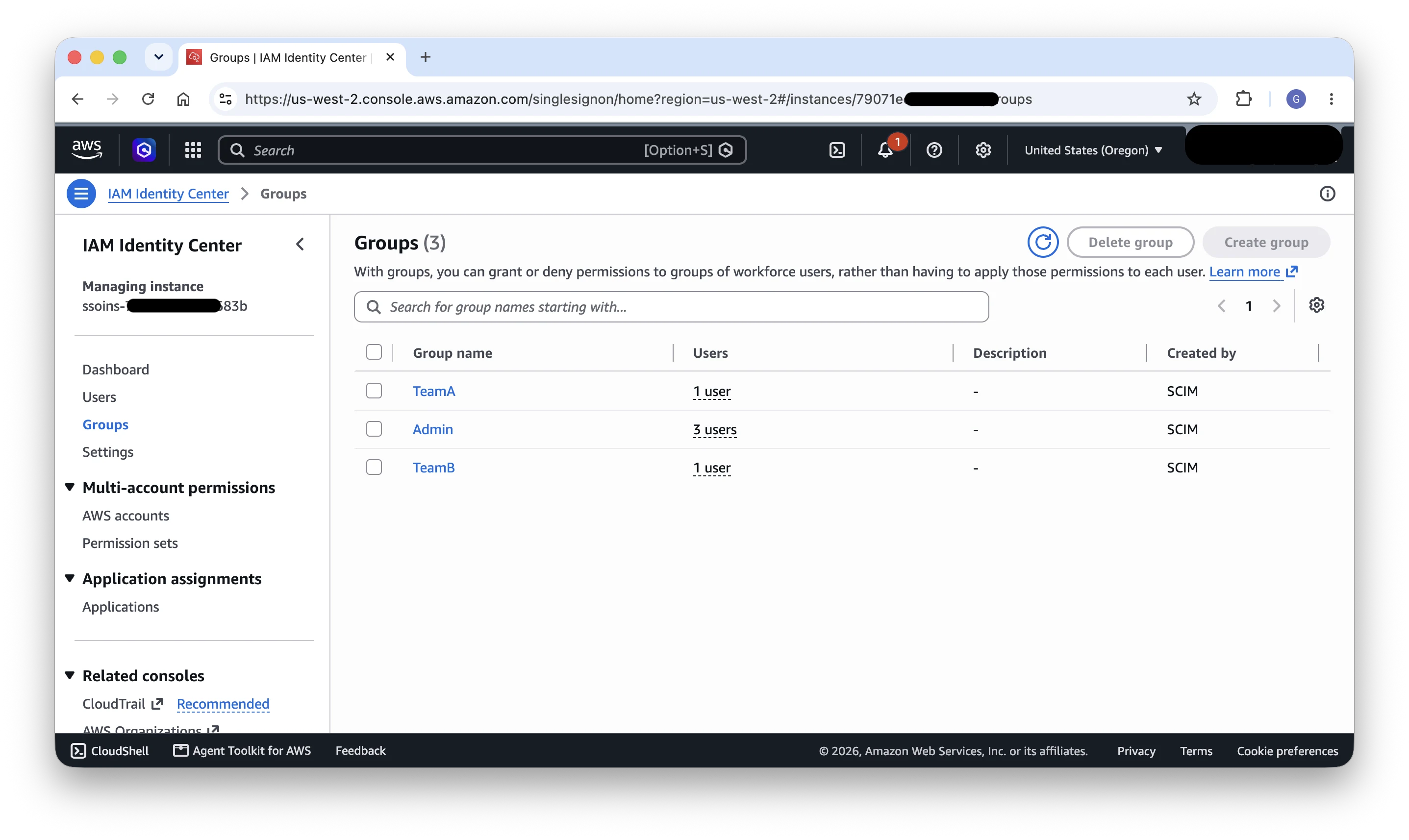 AWS IAM Identity Center console showing TeamA, TeamB, and Admin groups provisioned from Entra ID