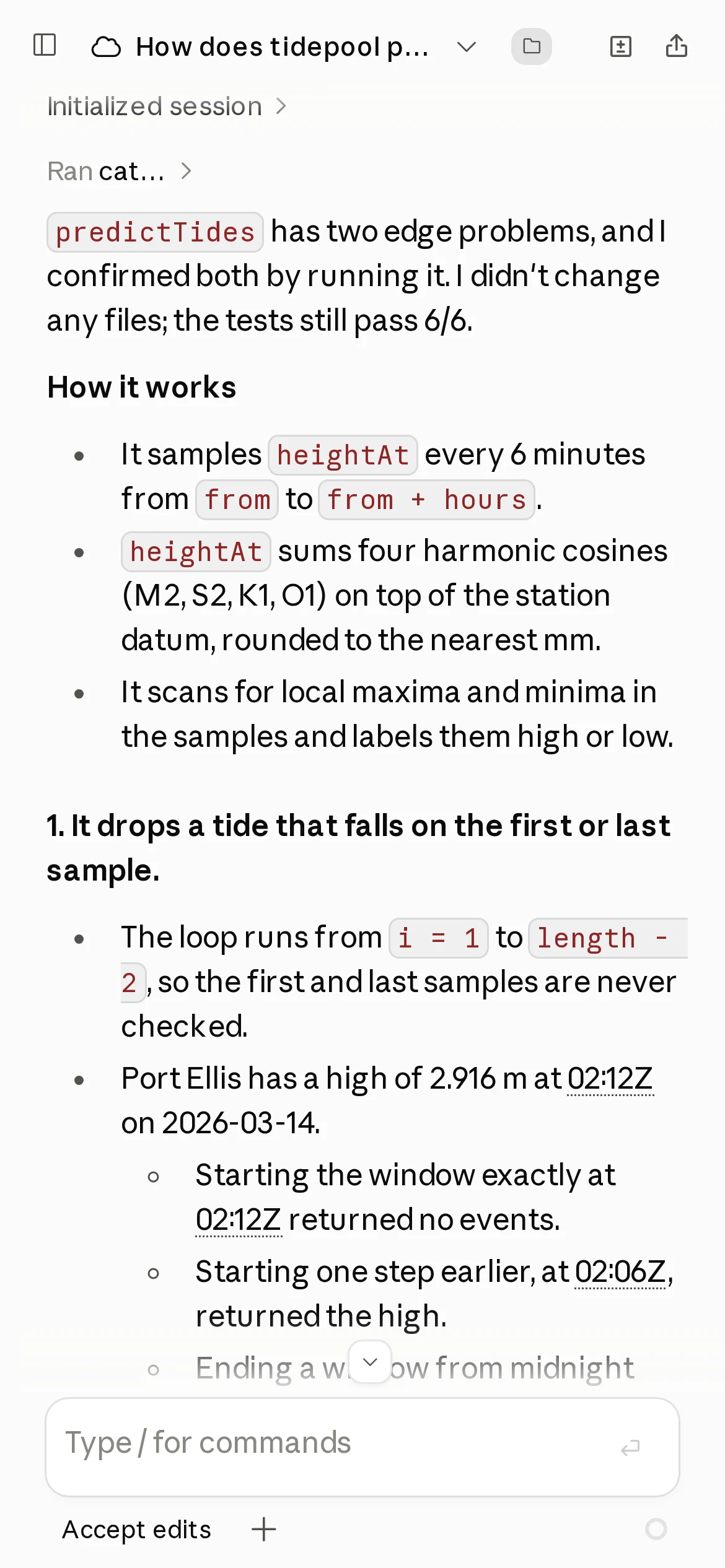 Phone-width claude.ai/code showing the start of Claude's answer: predictTides has two edge problems, confirmed by running it, with a How it works section.