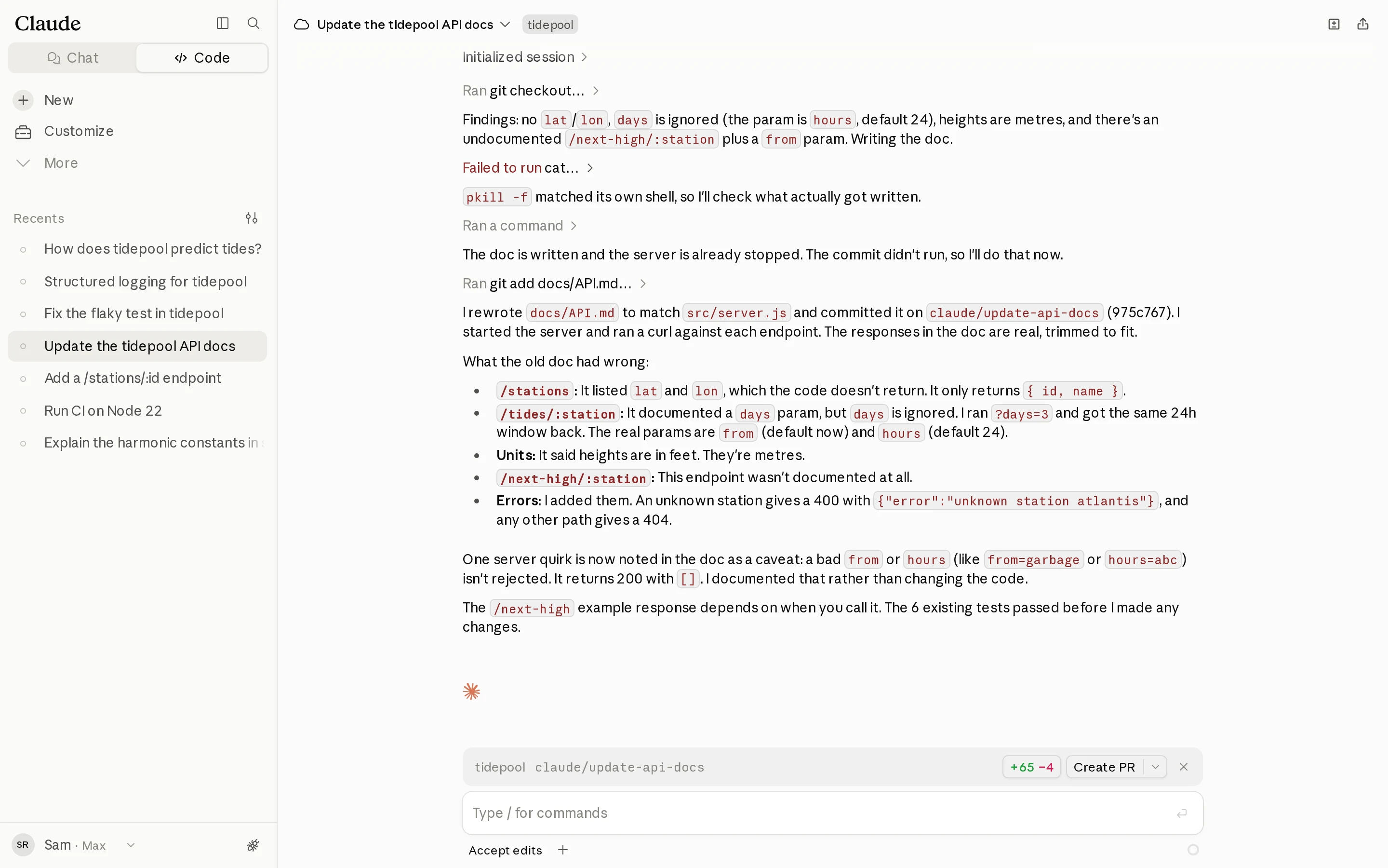 The Update the tidepool API docs session: Claude's summary of the five ways the old docs/API.md was wrong.