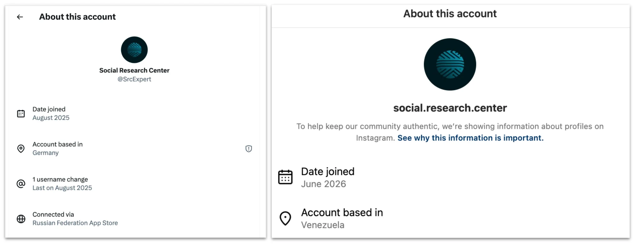 Account transparency screenshots for the Social Research Center: its X account connected through the Russian Federation App Store, while its Instagram account listed Venezuela.
