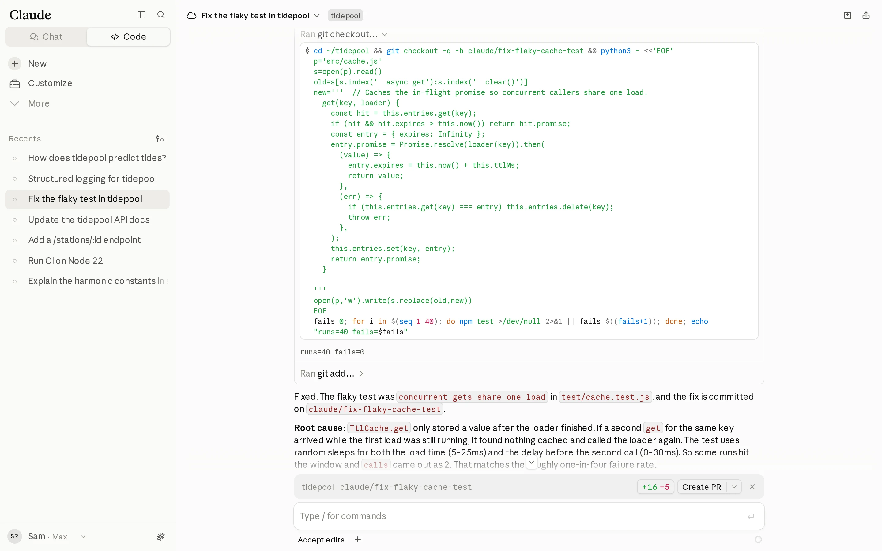 The flaky-test session's Bash step: a patch to src/cache.js that caches the in-flight promise, then a loop running the test suite 40 times, with output runs=40 fails=0.