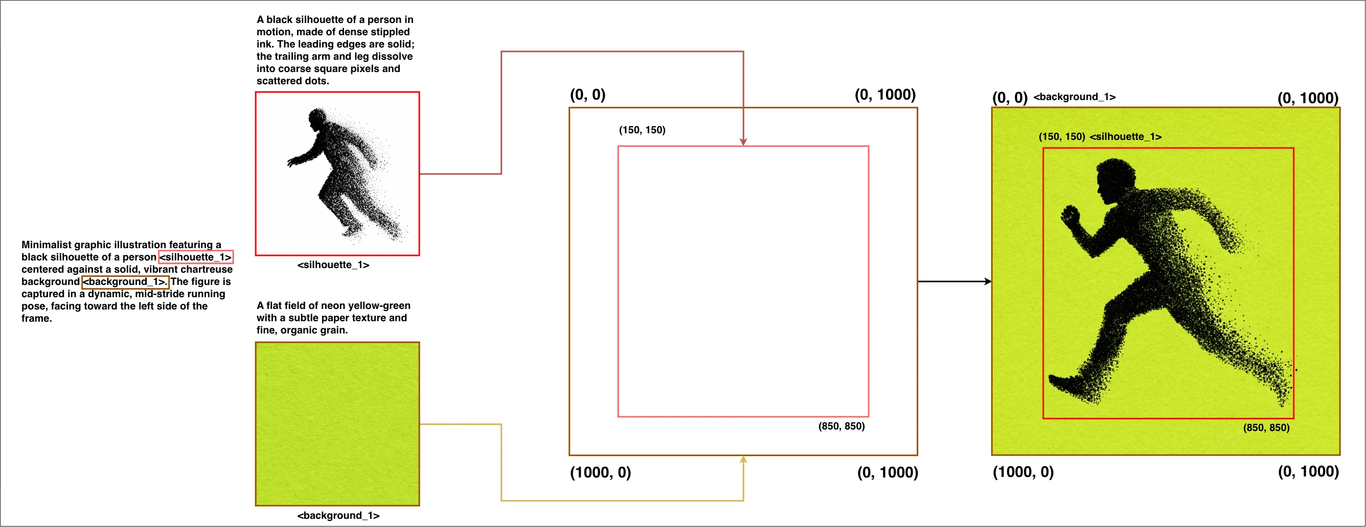 Diagram: the caption and the two region descriptions on the left, the two boxes on a 0–1000 grid in the middle, and the generated image on the right, where a black stippled runner fills the silhouette box on a chartreuse background