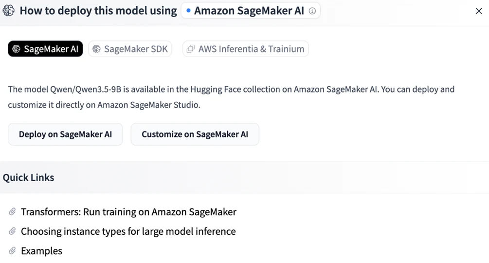 Hugging Face deploy dialog for the Qwen3.5-9B model with Deploy on SageMaker AI and Customize on SageMaker AI options