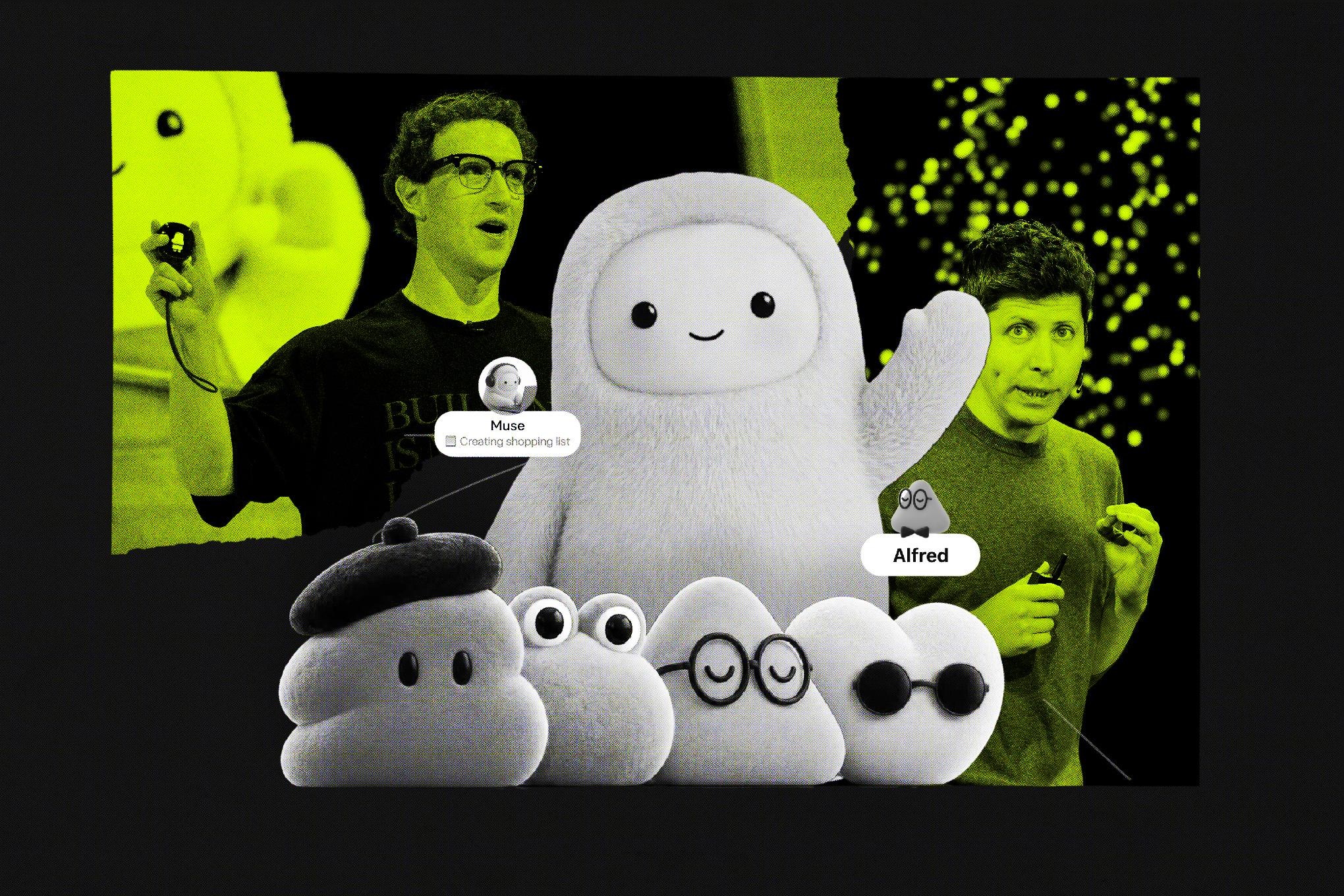 A stylized illustration of various AI mascots as well as CEOs Mark Zuckerberg and Sam Altman